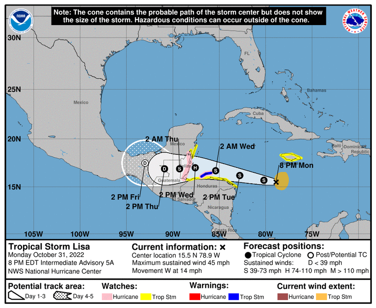 Tropical Storm Lisa is expected to be a hurricane by Wednesday, according to the National Hurricane Center.