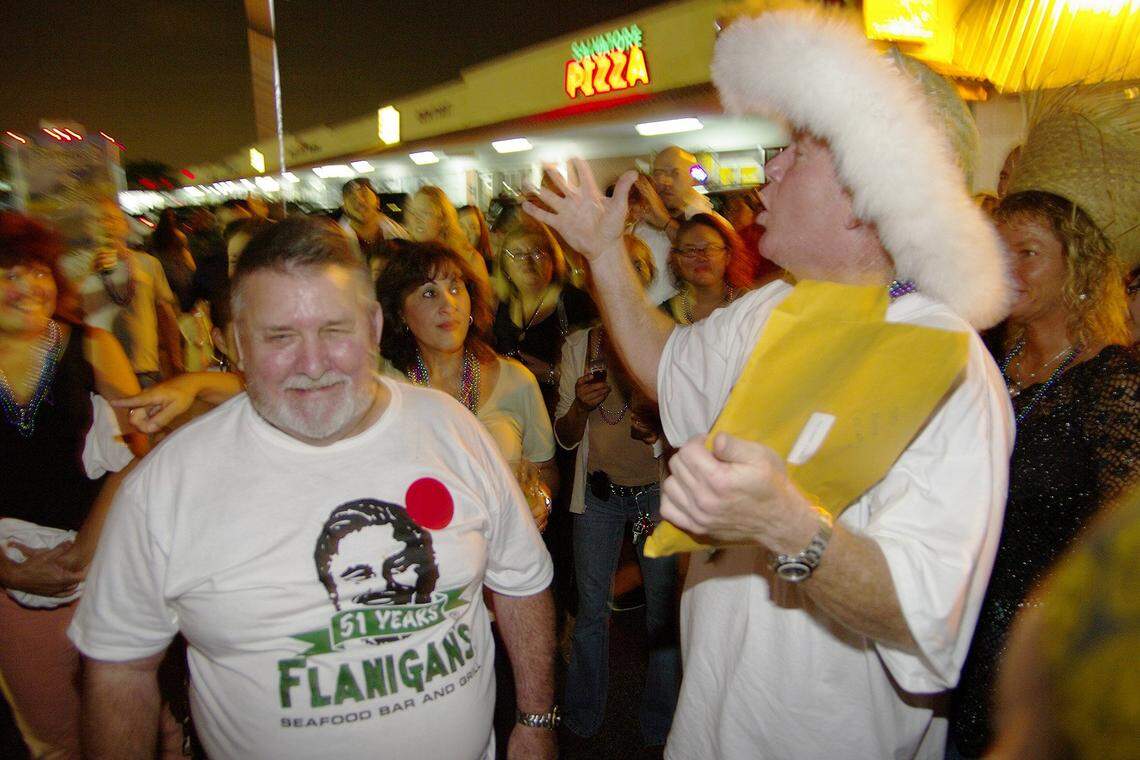 In 2010, President and CEO James G. Flanigan II announces the winner of a Joe “Big Daddy” Flanigan look-alike contest. Nelson Izquerdo, 63, from Hialeah won the honors.