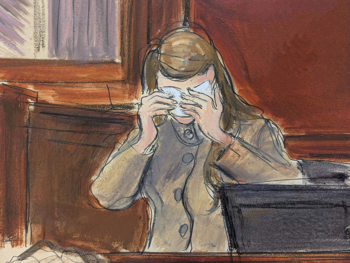 In this courtroom sketch, a witness, testifying under the pseudonym "Katie Moore," cries in Manhattan federal court on the first day of the sex trafficking trial of Alon Alexander, Oren Alexander and Tal Alexander, Tuesday, Jan. 27, 2026, in New York. (Elizabeth Williams via AP)