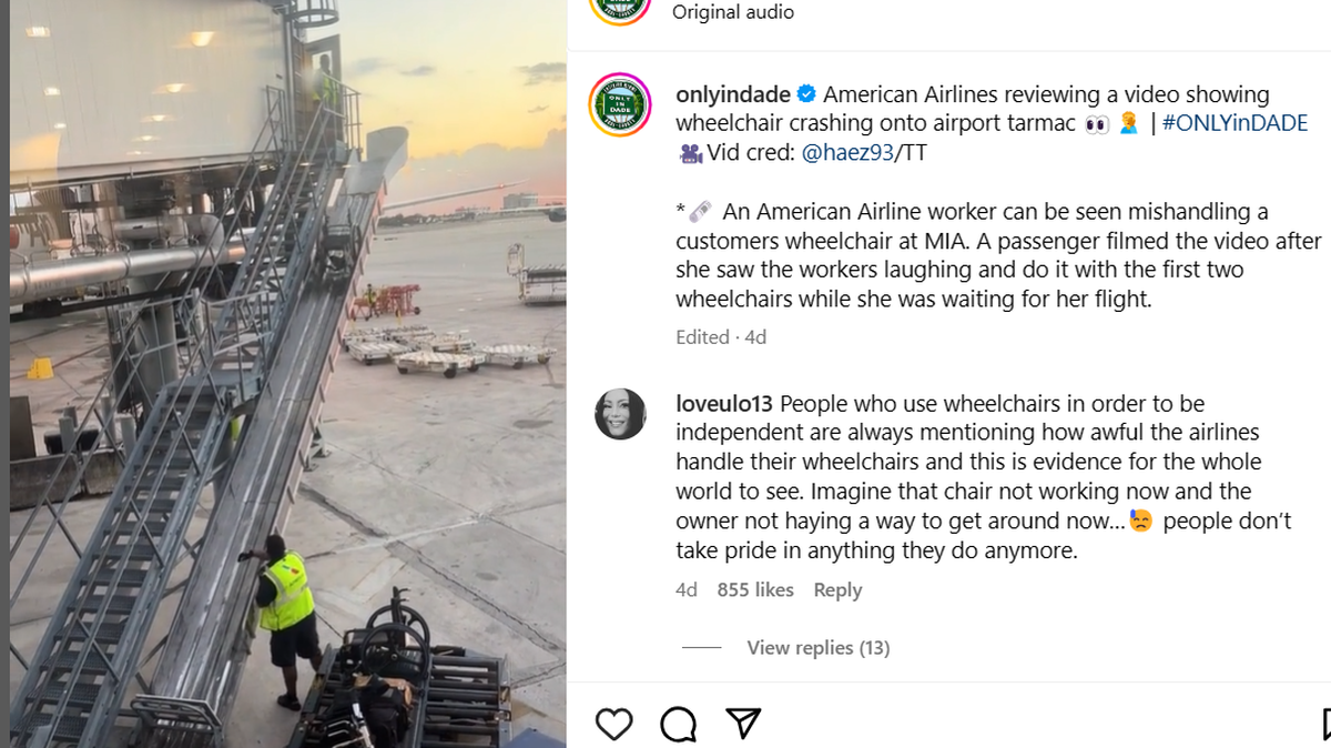 A viral video shows baggage handlers at Miami International Airport sending a wheelchair flying to the ground/Only in Dade screenshot