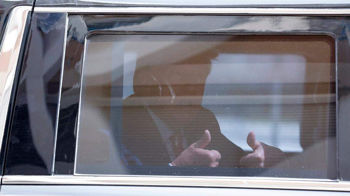 Former President Donald Trump reacts to supporters after at the Wilkie D. Ferguson Jr. U.S. Courthouse, Tuesday, June 13, 2023, in Miami.