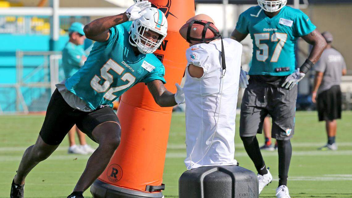 Miami Dolphins Raekwon McMillan strips the ball during a training camp practice Friday.