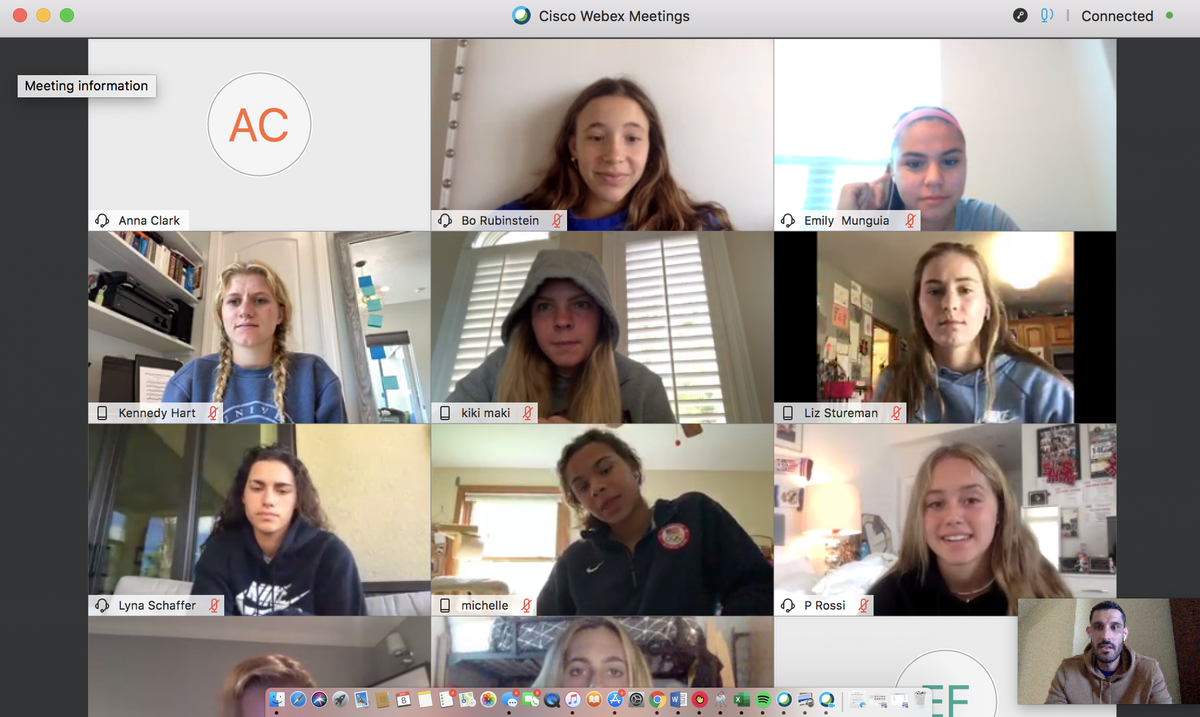 Players on an IMG Academy soccer team chat with each other through a group WebEx call.