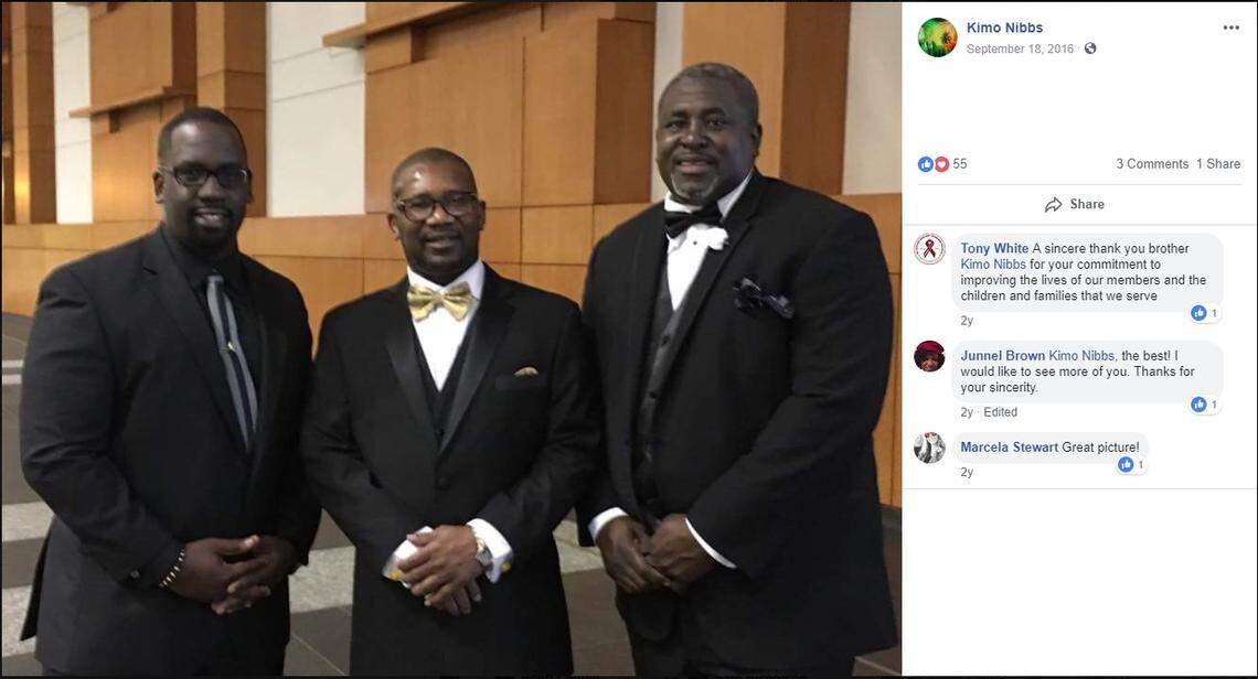 Former Brownsville Middle physical education teacher Wendell Nibbs, right, poses with current Florida Education Association president Fedrick Ingram and United Teachers of Dade’s First Vice President Antonio White, center, in a photo Nibbs posted to Facebook in 2016. In the comments, White thanked Nibbs for his “commitment to improving the lives of our members and the children and families that we serve.”