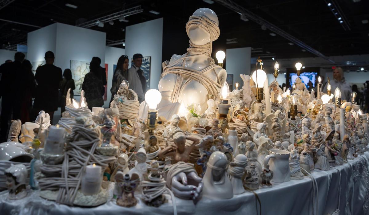 ‘Bound Angel’ by Portia Munson is on display during Art Basel at the Miami Beach Convention Center on Wednesday, Dec. 4, 2024, in Miami Beach, Fla.