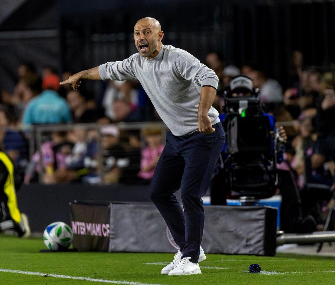 Inter Miami head coach Javier Mascherano gestures from the sidelines during the second half of an MLS match against New York City FC at Chase Stadium on Saturday, Feb. 22, 2025, in Fort Lauderdale, Fla.