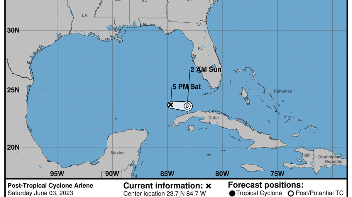 National Hurricane Center’s 5 p.m. Saturday, June 3, 2023, map on post tropical cyclone Arlene.