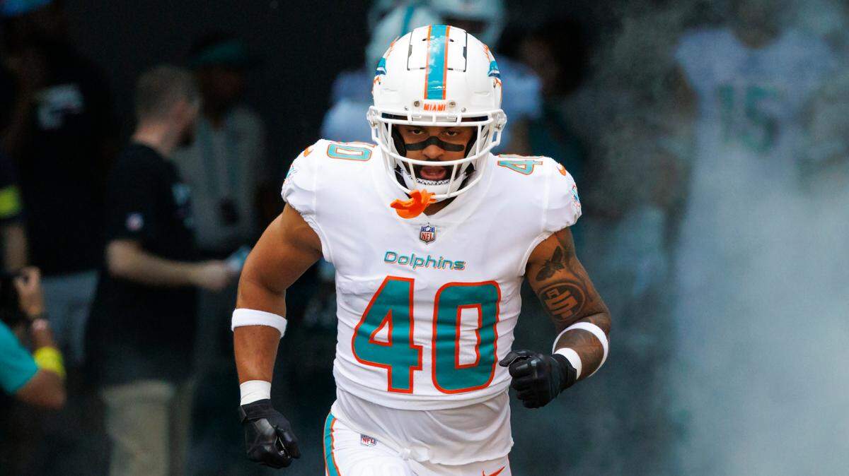 Miami Dolphins cornerback Nik Needham (40) takes the field before the start of an NFL football game against the Minnesota Vikings at Hard Rock Stadium on Sunday, October 16, 2022 in Miami Gardens, Florida.