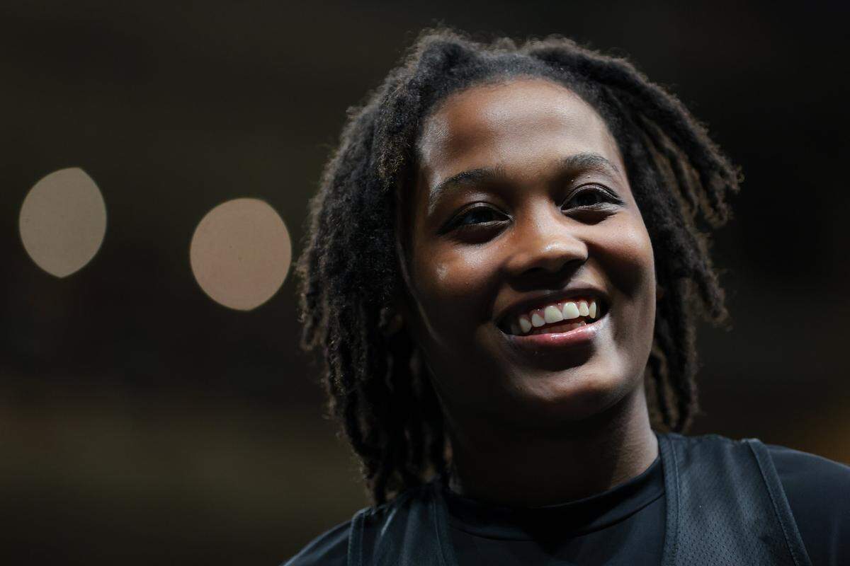 Miami Hurricanes guard Ahnay Adams (5) speaks to reporters after practice at the Watsco Center in Coral Gables, Florida, Monday, September 22, 2025.