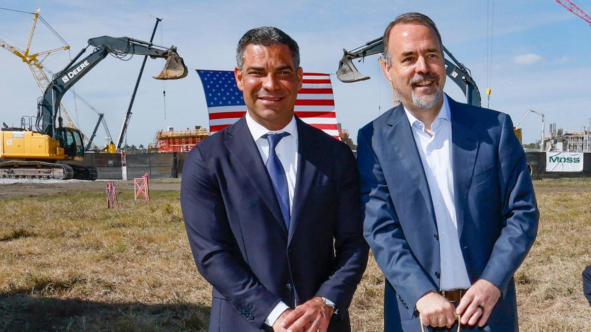 Miami Mayor Francis Suarez and Inter Miami owner José Mas after the mayor delivered his final State of the City address at the former Melreese Golf Course, the future site of Miami Freedom Park, under construction in Miami on Wednesday, Jan. 15, 2025.