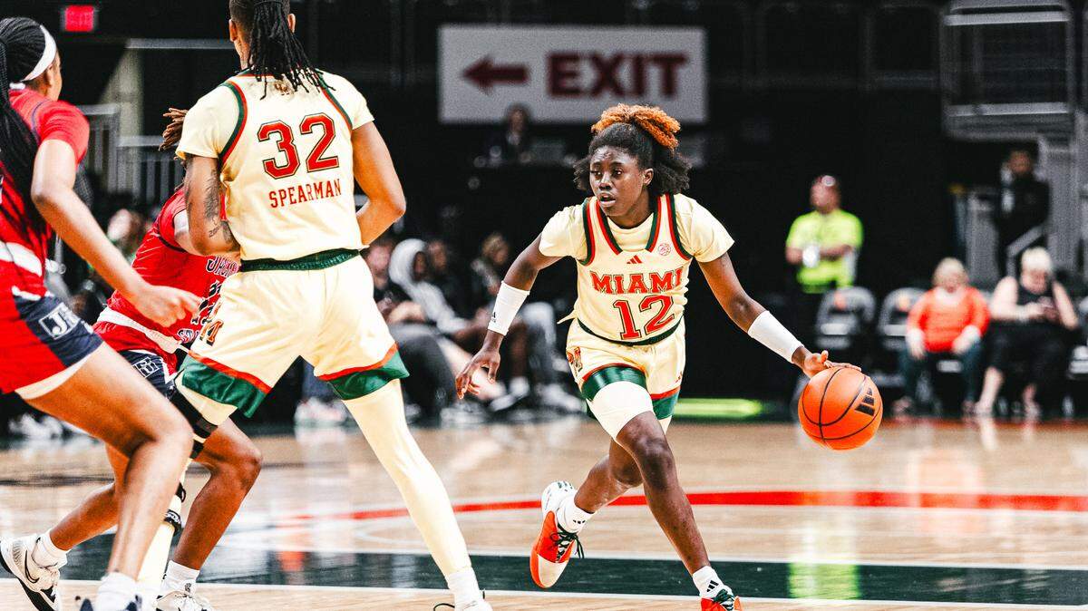 University of Miami guard Ja’Leah Williams scored 12 second-half points and had seven steals to lead the Hurricanes to a 59-52 win over Jackson State Dec. 20, 2023 at the Watsco Center.