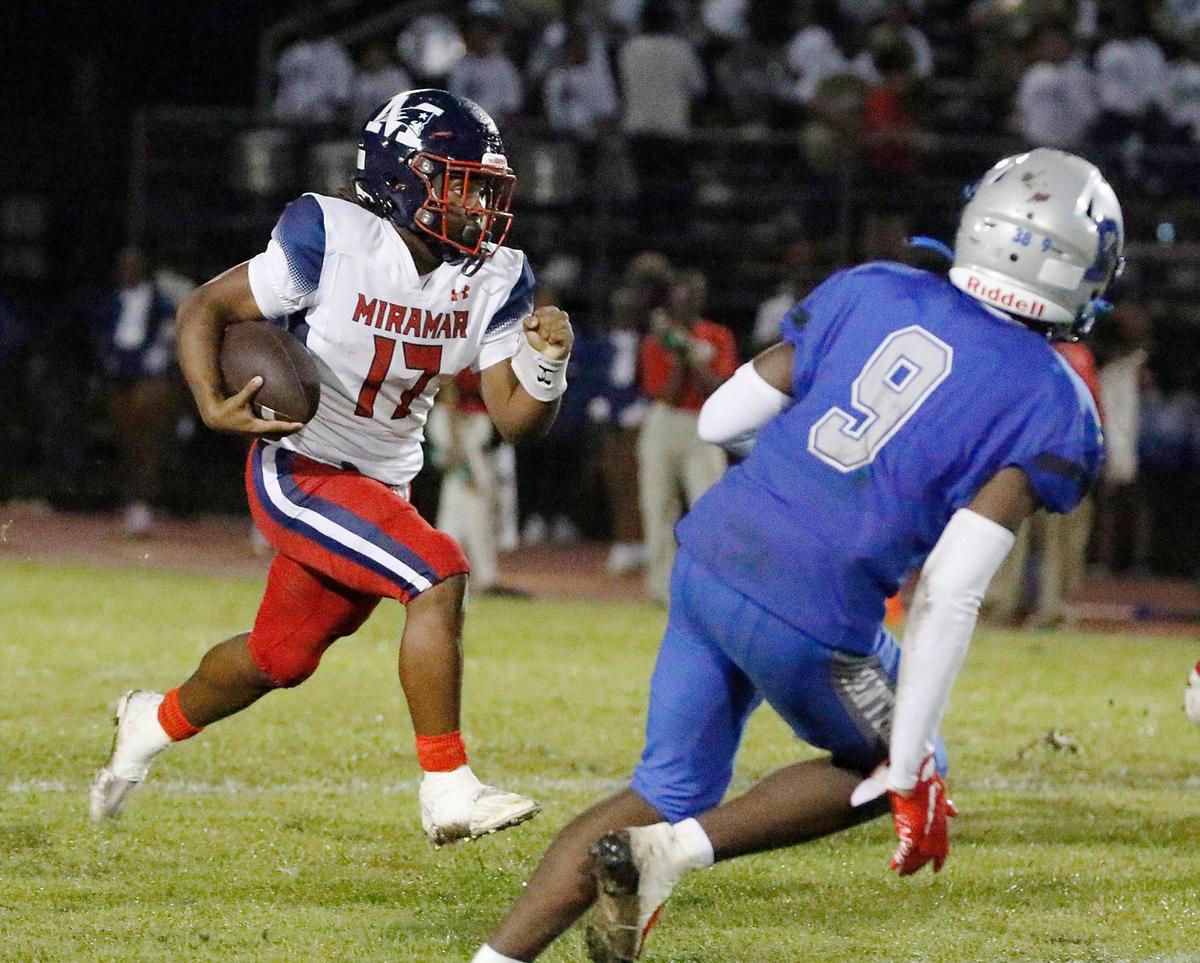 Miramar Patriots wide receiver Darrel Mitchell (17) runs the ball against Dillard Panthers during the football game on Saturday, September 23, 2023 at Dillard HS in Fort Lauderdale. Andrew Uloza / for Miami Herald