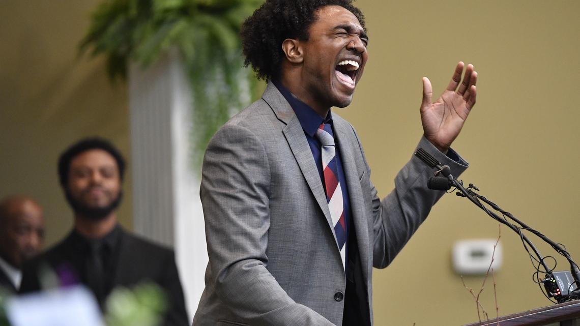 DiAngelo Groves sings during the funeral of his sister DeEbony Groves, who was killed in Sunday's Antioch Waffle House shooting Saturday, April 28, 2018, in Gallatin, Tenn. (Larry McCormack /The Tennessean via AP)
