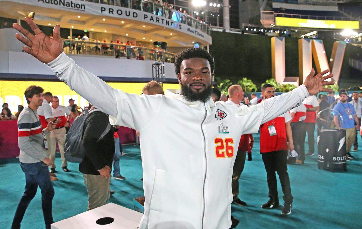 Kansas City Chiefs running back Damien Williams during Super Bowl Opening Night presented by BOLT24, the national kick off for Super Bowl LIV festivities at Marlins Park in Miami, Florida on Monday, January 27, 2020.