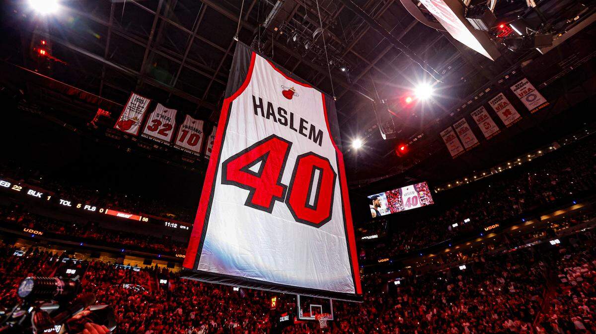 Miami Heat’s Udonis Haslem’s retired jersey number rises on display during the halftime ceremony in the game between the Miami Heat and the Atlanta Hawks at Kaseya Center in Miami on Friday, January 19, 2024.