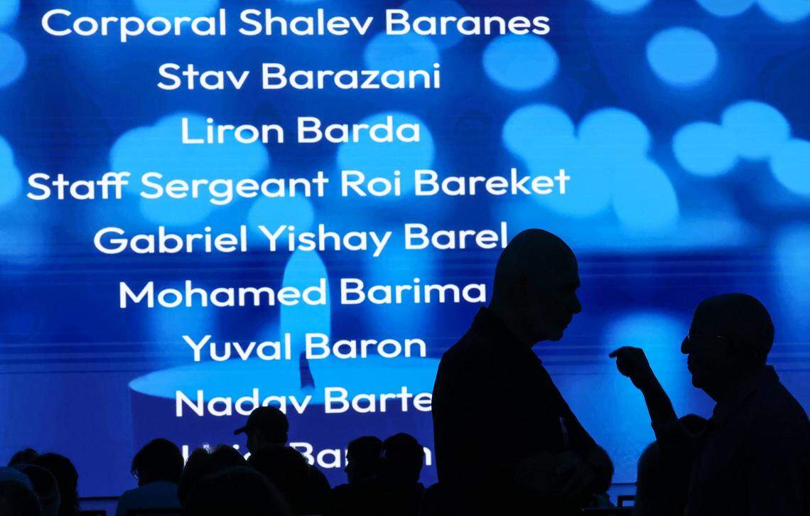 Names of the victims of October 7th scroll are displayed on the screen during an event commemorating the second anniversary of the tragic attacks in Israel on October 7, 2023. South Florida celebrated the release of 20 living hostages on Monday after a ceasefire deal was reached between Israel and Hamas. 
