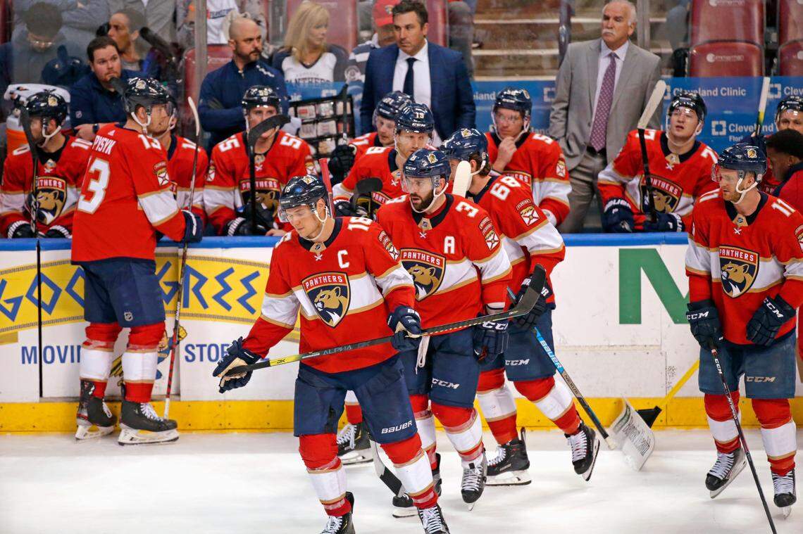 Florida Panthers center Aleksander Barkov (16) skate alongside teammates after a timeout during the third period&nbsp;of an NHL regular season hockey game against the Calgary Flames at the BB&T Center on Sunday, March 1, 2020 in Sunrise.