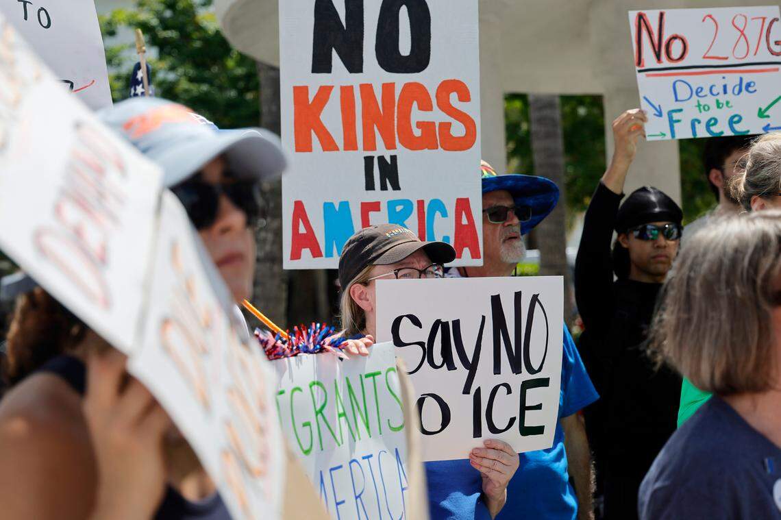 Protesters gather across the street from the 2025 National Sheriffs’ Association Annual Conference at the Broward County Convention Center in Fort Lauderdale on Tuesday, June 24, 2025.