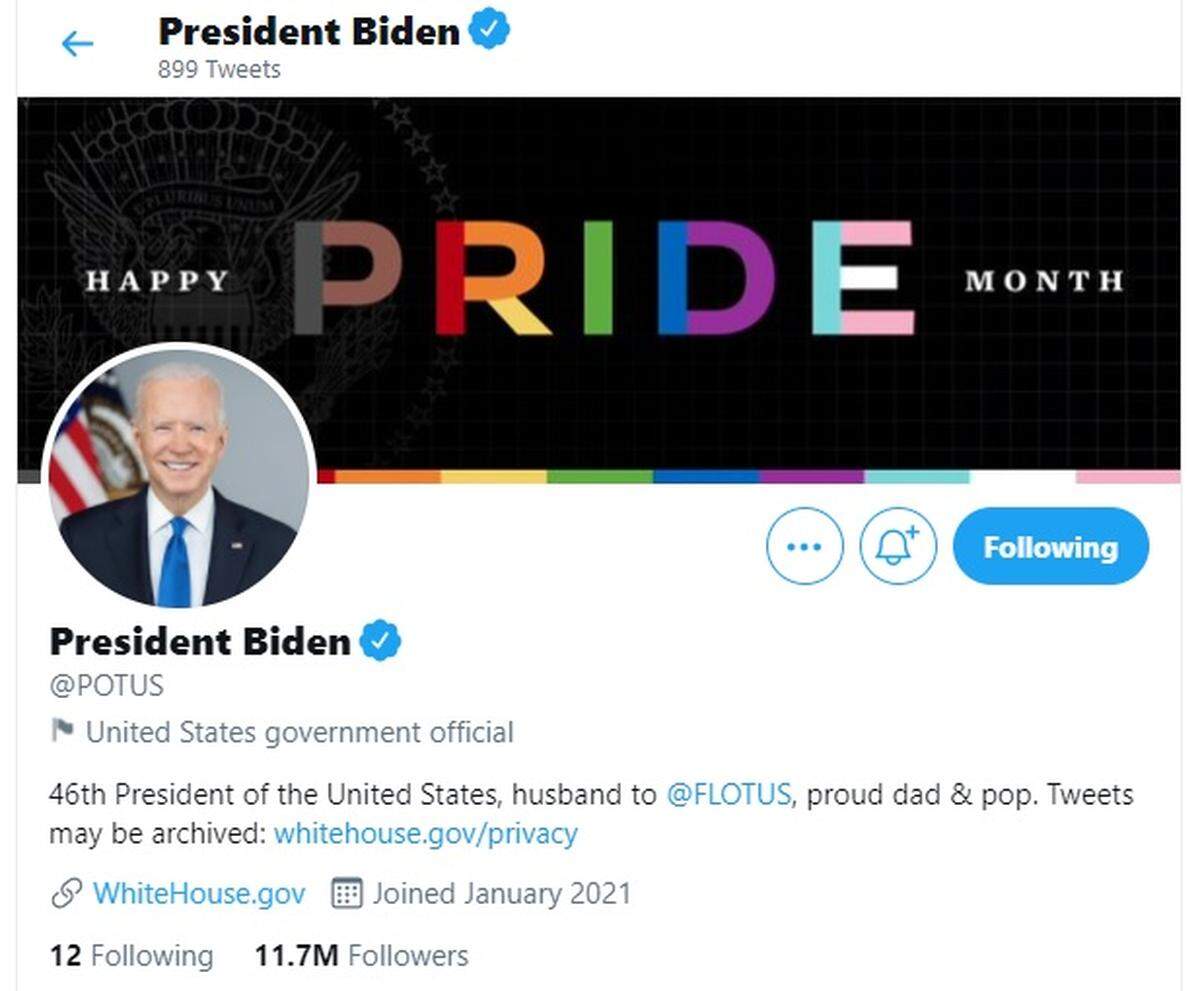 President Joe Biden’s @POTUS Twitter page honors Pride month in June 2021.