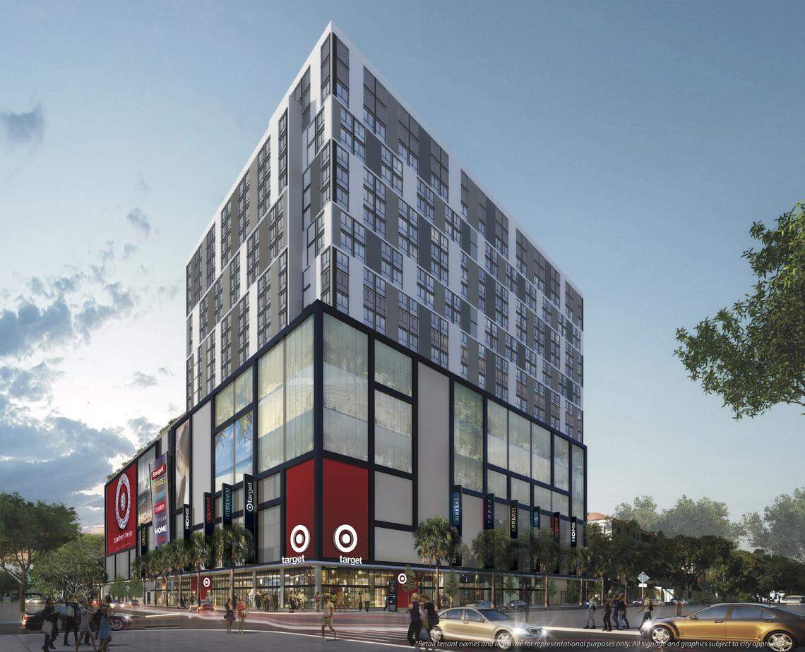 An architectural rendering shows how a planned $350 million retail and apartment complex in central Overtown would look at street level.