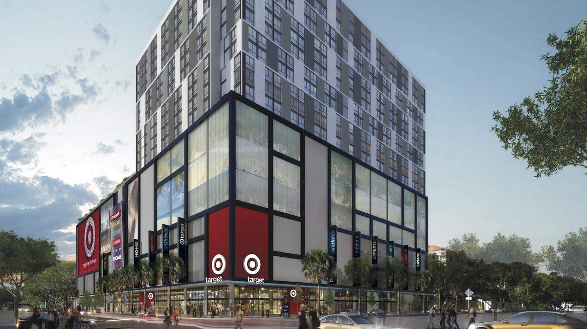 An architectural rendering shows how a planned $350 million retail and apartment complex in central Overtown would look at street level.