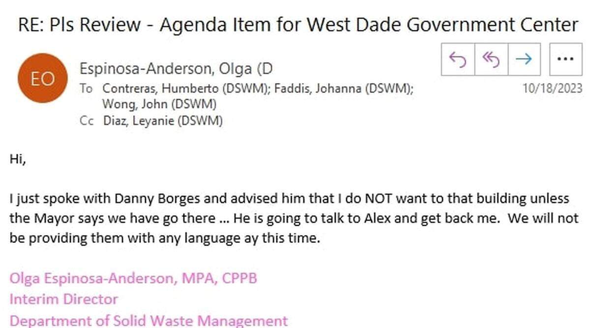 On Oct. 18, 2023, Olga Espinosa-Anderson, then the interim director of Miami-Dade’s Department of Solid Waste Management, recalled a conversation she said she had with Daniel Borges, a senior administrator in the county’s Internal Services Department. Internal Services, run by Director Alex Muñoz, is overseeing a proposal to purchase a former Florida Power and Light building for use as a new county office complex. Espinosa-Anderson wanted Solid Waste to rent cheaper office space elsewhere and resisted a request to send the office of Mayor Daniella Levine Cava a blurb on why the former FPL center would be a good fit for Solid Waste.