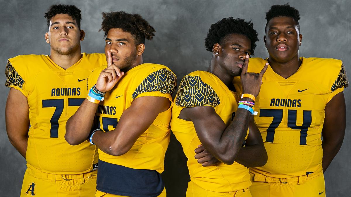 From left to right: Marlon Martinez, Derek Wingo, Marcus Rosemy and Marcus Dumervil from St.Thomas Aquinas High School attend High School Football Media Day at the Hard Rock Stadium in Miami Gardens on Saturday, August 3, 2019.