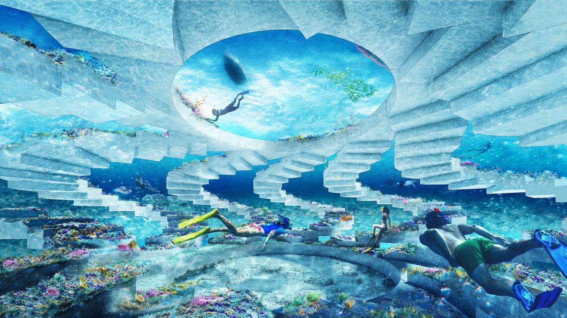 A rendering shows a coral reef sculpture in the shape of a spiraling staircase by Shohei Shigematsu and OMA commissioned for the planned new The ReefLine artificial reef off Miami Beach.