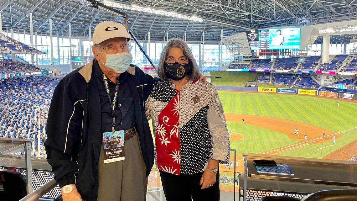 Paul Levine pauses for a photo with his daughter, Miami-Dade Mayor Daniella Levine Cava, during Opening Day for the Miami Marlins on April 1, 2021. He died Sept. 2 of complications related to COVID-19 at age 87.