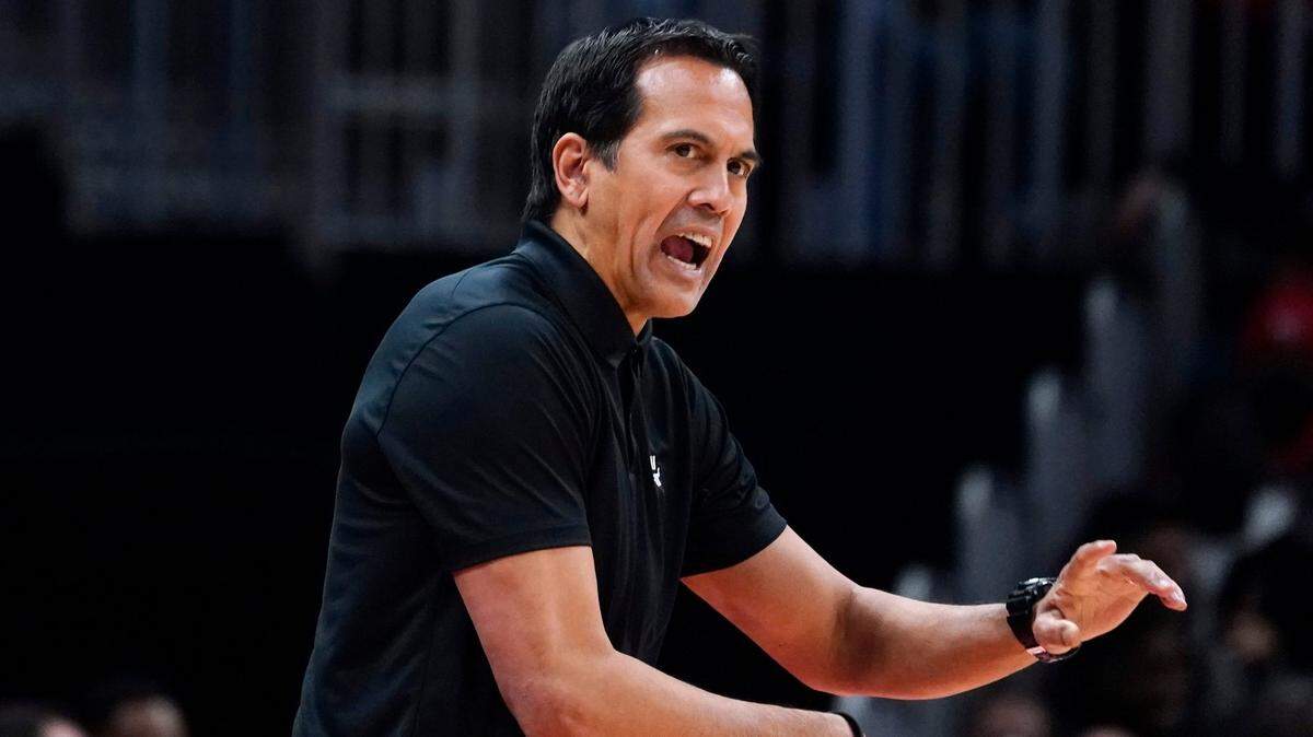 Miami Heat coach Erik. Spoelstra reacts on the sideline during the second half of an NBA basketball game against the Atlanta Hawks on Wednesday, Jan. 12, 2022, in Atlanta.