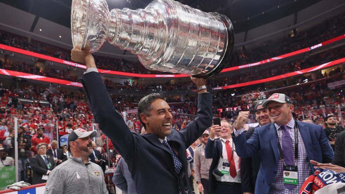 SUNRISE, FLORIDA - JUNE 24: Sunny Mehta and Bryan McCabe of the Florida Panthers celebrate their Stanley Cup victory in Game Seven of the 2024 NHL Stanley Cup Final at Amerant Bank Arena on June 24, 2024 in Sunrise, Florida. (Photo by Bruce Bennett/Getty Images)