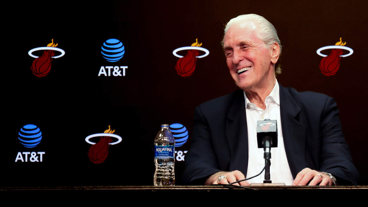 Heat president Pat Riley smiles during his interactions with sports reporters during his end-of-the-season news conference at the Kaseya Center in Miami, Florida on Monday, May 6, 2024.