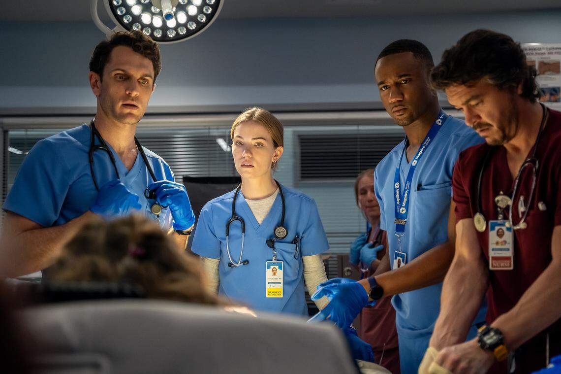PULSE. (L-R) Colin Woodell as Dr. Xander Phillips, Willa Fitzgerald as Dr. Danny Simms, Jessie T. Usher as Dr. Sam Elijah, and Arturo Del Puerto as ER charge nurse Luis Dominguez in Episode 109 of Pulse. Cr. Jeff Neumann/Netflix © 2024