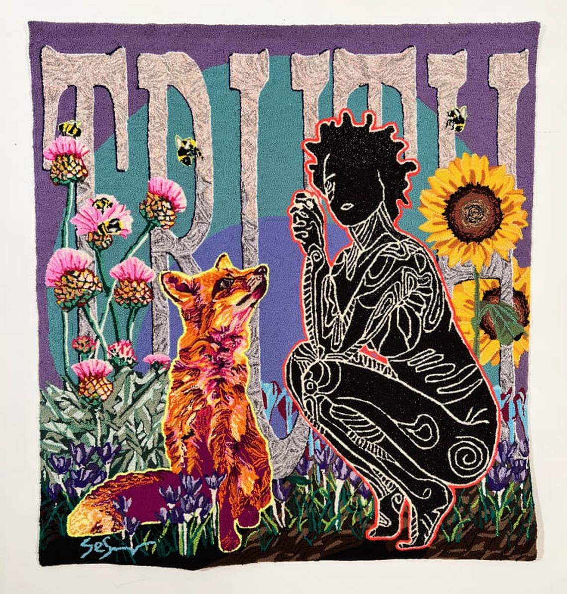 W3. Simone Elizabeth Saunders, She Reveals, 2022, Hand-tufted velvet, acrylic and wool yarn on rug warp, 65 x 60.5 x 1 in. 