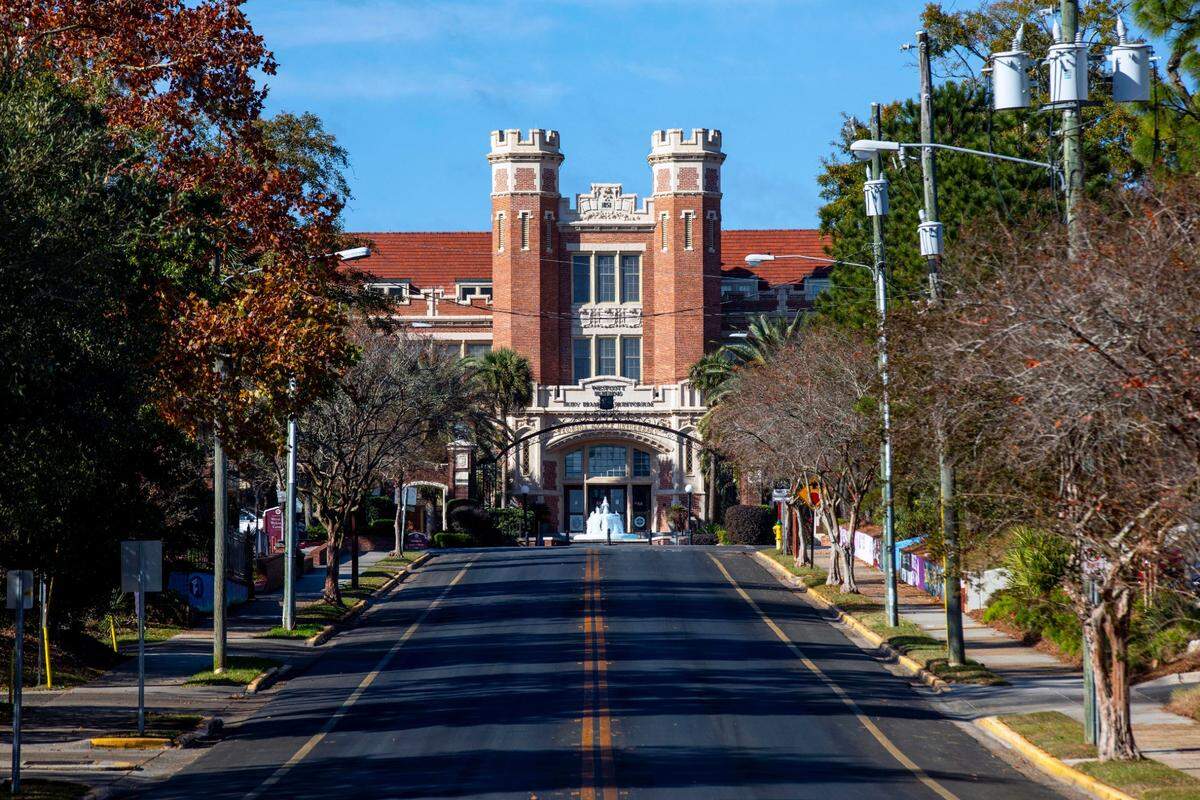View of Florida State University’s historic James D. Westcott Building, looking down West College Avenue, in Tallahassee, Florida, on Monday, December 14, 2020.