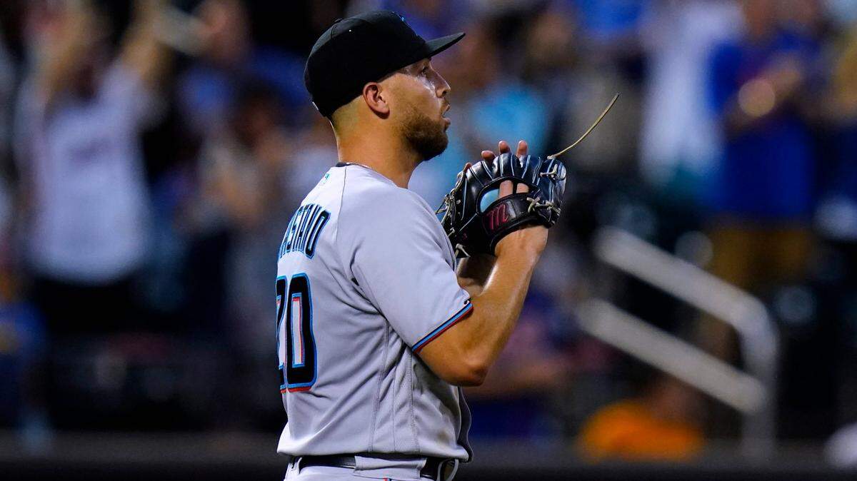Miami Marlins starting pitcher Daniel Castano waits after New York Mets’ James McCann hit a three-run home run during the fourth inning of a baseball game Thursday, July 7, 2022, in New York.