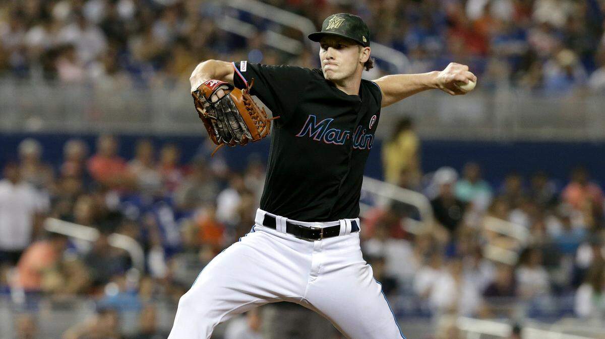 Marlins reliever Adam Conley pitches in the ninth inning of the Miami Marlins vs New York Mets, game at the Marlins Park in Little Havana in Miami on Saturday May 18, 2019.