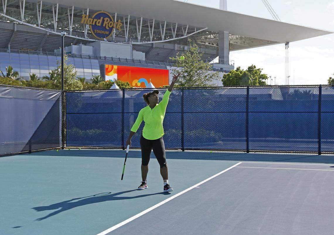 Serena Williams practices during the fourth day of Miami Open tennis tournament on Thursday, March 21, 2019, at Hard Rock Stadium in Miami Gardens. She withdrew Saturday citing a knee injury.