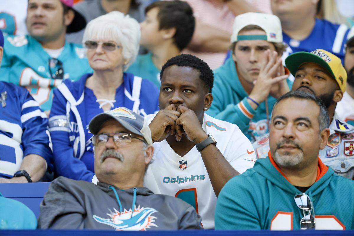 Miami Dolphins looks dejected during the first half of an NFL game against Indianapolis Colts at Lucas Oil Stadium on Sunday, September 7, 2025, in Indianapolis, Indiana.