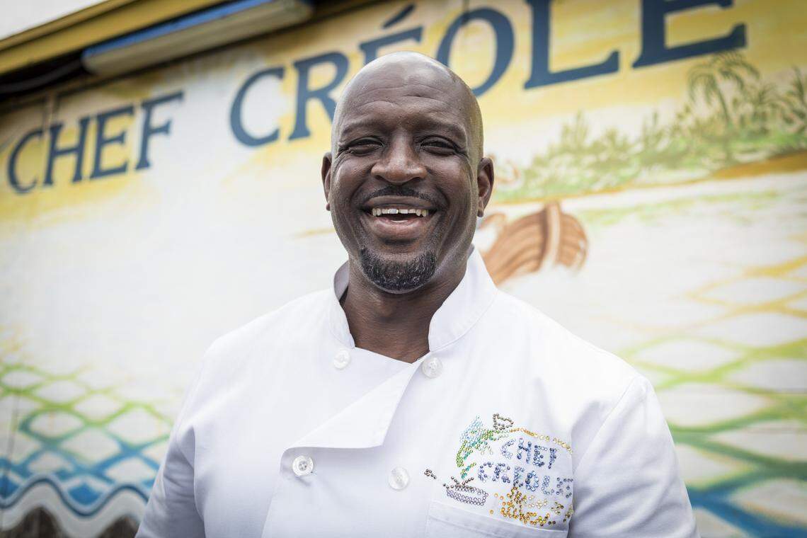 Wilkinson “Ken” Sejour poses for a portrait in front of his restaurant in Little Haiti on May 23, 2018. Today his popular Chef Creole restaurant is now in five locations, with a sixth opening at Miami International Airport very soon. Chef Creole is a Haitian restaurant at its roots, but it was also cross-over success and doing “fusion” fare before that was even part of the foodie lingo. Because Chef was born in the Bahamas of Haitian parents, he introduced Bahamian and other specialties and has a special brand of Creole. His restaurant on 54th street has been known to host people like Anthony Bourdain and many cooking shows. The concept is simple: food is cooked fresh.