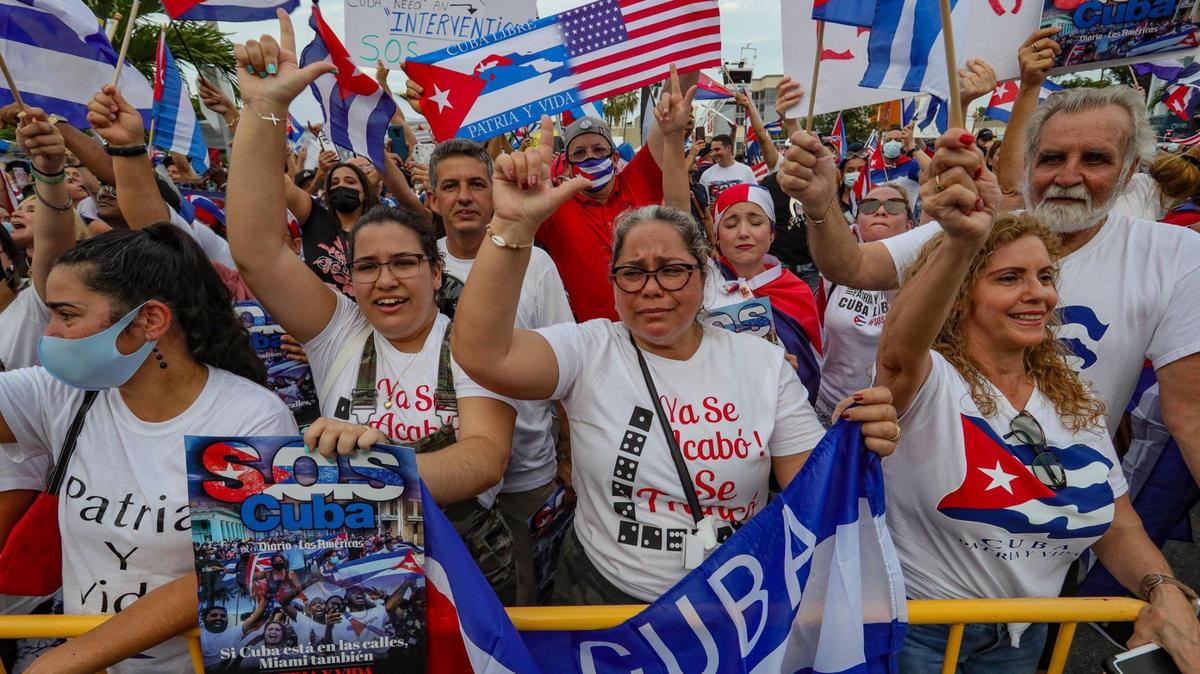 After recent protests on the island, the Cuban government blamed the embargo; Cubans say its repression. Here, Cubans exiles gather at Versailles Restaurant in Littel Havana.