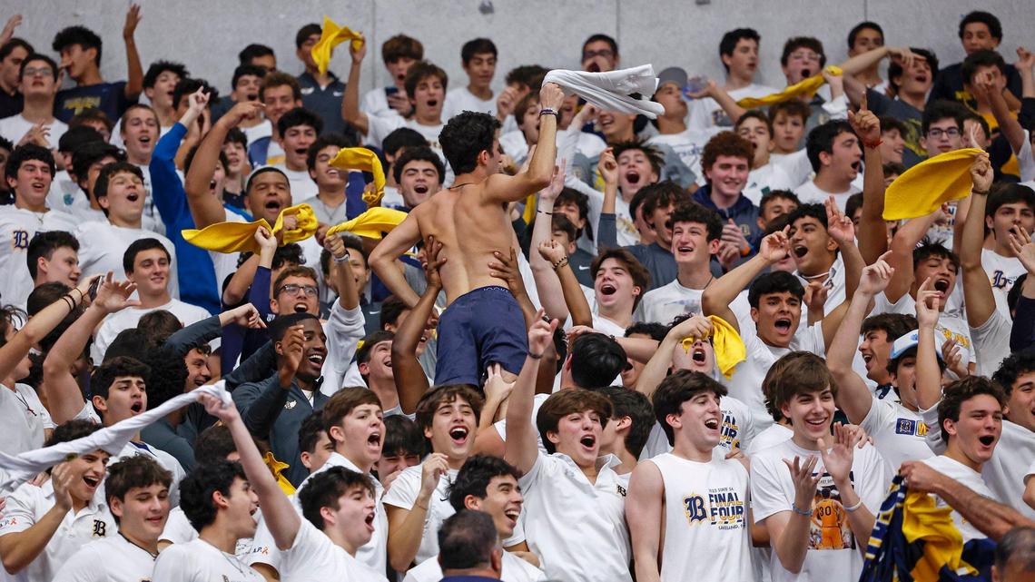 Belen Jesuit Prep fans show their support during the game against Jones High School in the FHSAA 5A State Semifinals at the RP Funding Center in Lakeland, Florida on Thursday, March 2, 2023.