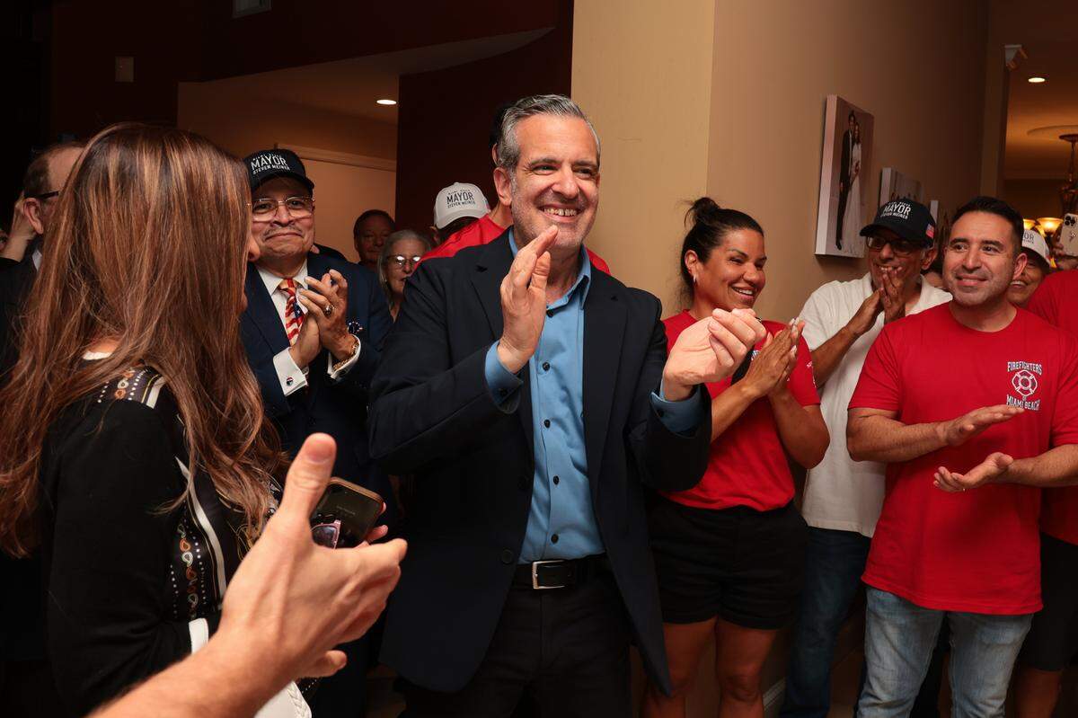Miami Beach Mayor Steven Meiner celebrates after winning reelection to a second term during a watch party at 3575 Flamingo Dr., in Miami Beach, Fla., on Tuesday, November 4, 2025. 