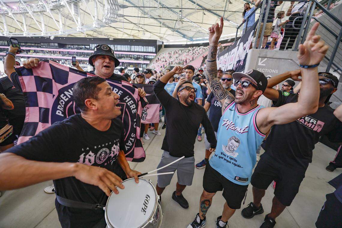 Matias Lucero joins La Familia: Vice City 1896 as the group performs for Inter Miami CF fans inside the new 26,700-seat Nu Stadium at Miami Freedom Park on Thursday, April 2, 2026, in Miami.
