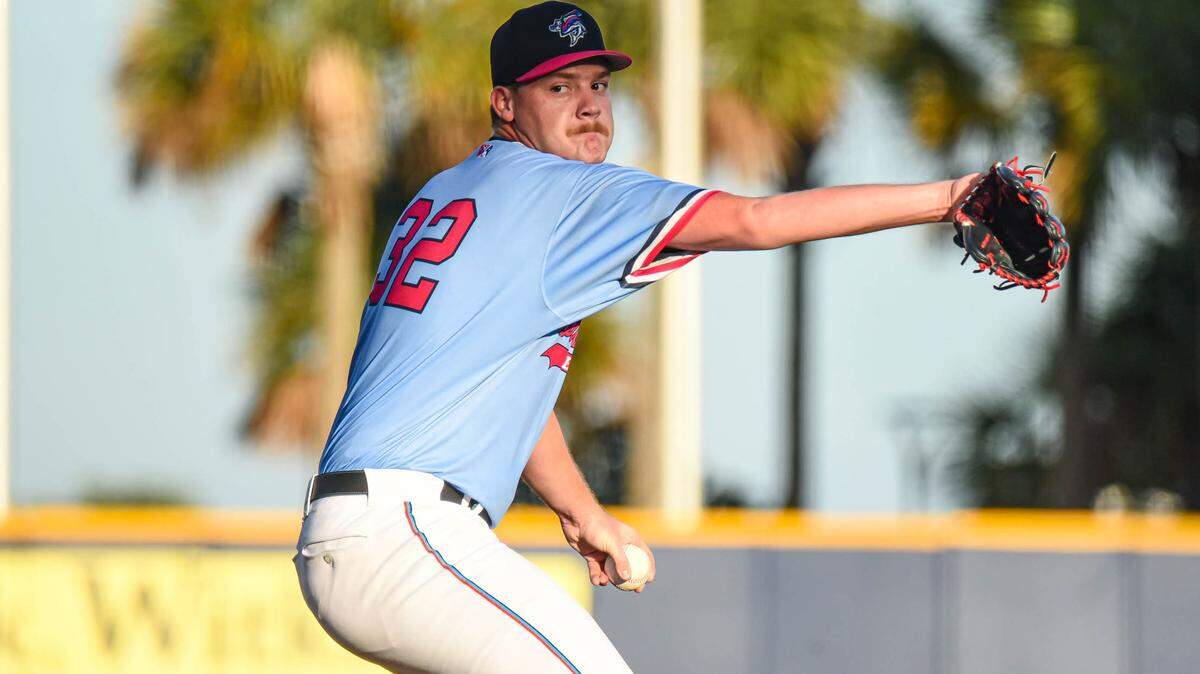 Miami Marlins left-handed pitcher prospect Dax Fulton pitches for the Double A Pensacola Blue Wahoos on Aug. 27, 2022.