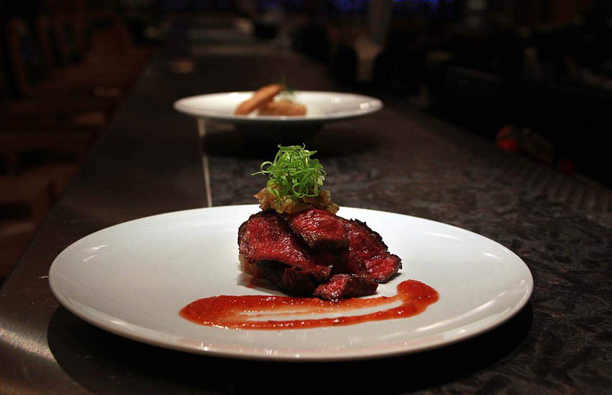 A Grilled Skirt steak leek chutney and tomato jam, made by Chef Dewey LoSasso, from The Forge Restaurant’s menu for Miami Spice month. Wednesday August 10, 2011.