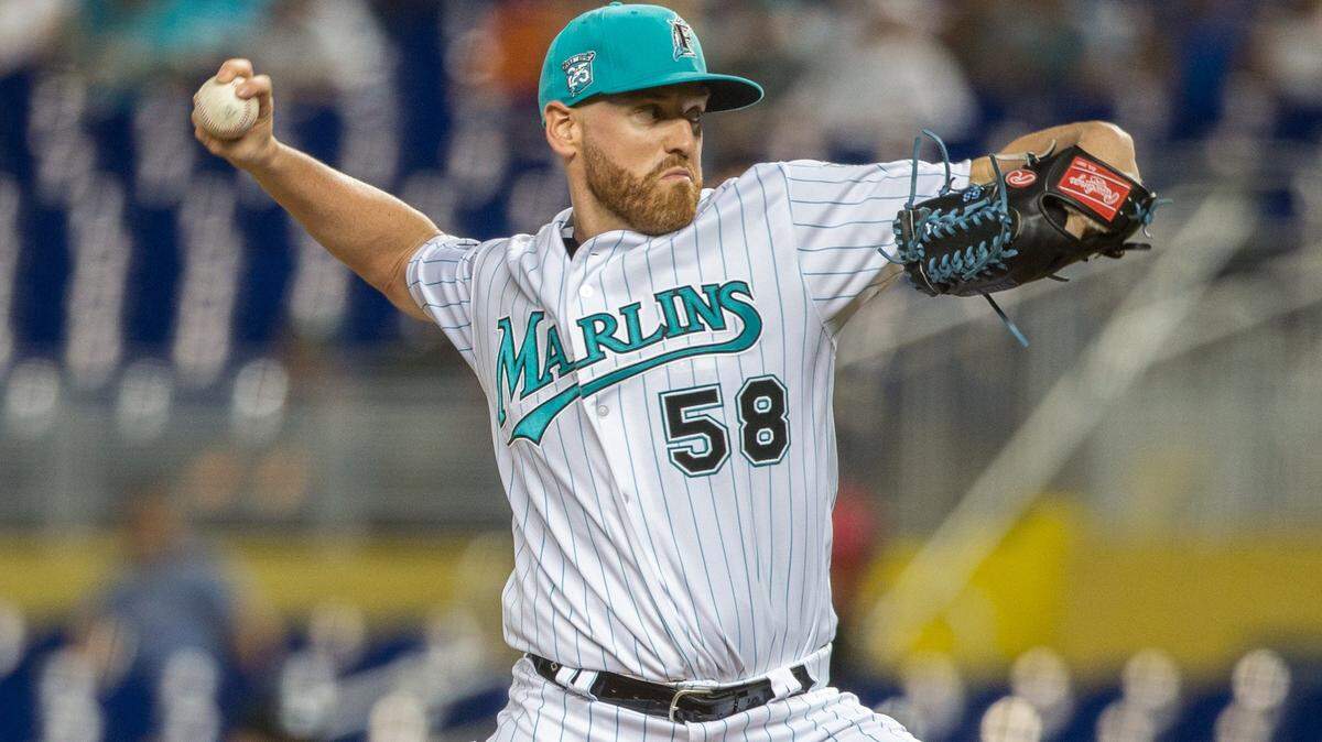 Miami Marlins starting pitcher Dan Straily faces San Diego Padres center fielder Travis Jankowski during the first inning of a game at Marlins Park in Miami on June 9, 2018.