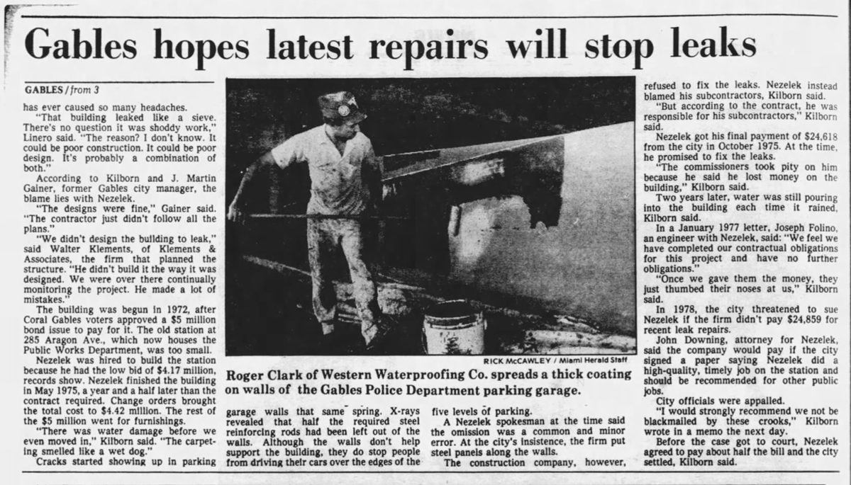 A Miami Herald news article from 1985 describes problems with the Public Safety Building in Coral Gables.