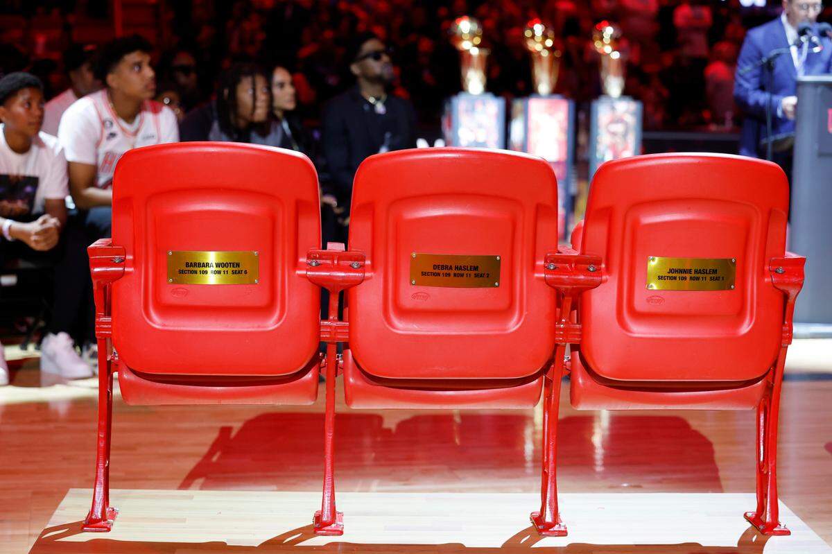 Udonis Haslem’s family names are labeled on arena seats on display as the Miami Heat retire Haslem’s No. 40 jersey during the halftime ceremony in the game between the Miami Heat and the Atlanta Hawks at the Kaseya Center in Miami, Florida on Friday, January 19, 2024.  