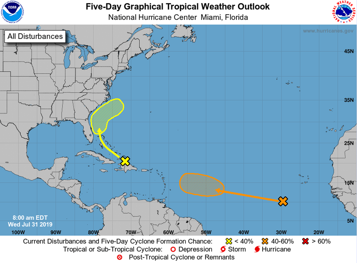 There are two tropical waves moving along the Atlantic Ocean. One of them is expected to batter Florida with heavy rain in the next few days. The other, colored orange, has a 50 percent chance of forming into a tropical depression by early next week when its several hundred miles east of the Lesser Antilles, according to the National Hurricane Center.